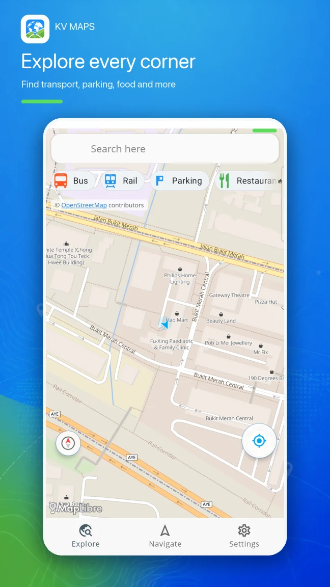 KV Maps Explore screen showing nearby transport, parking, and restaurants on the map.