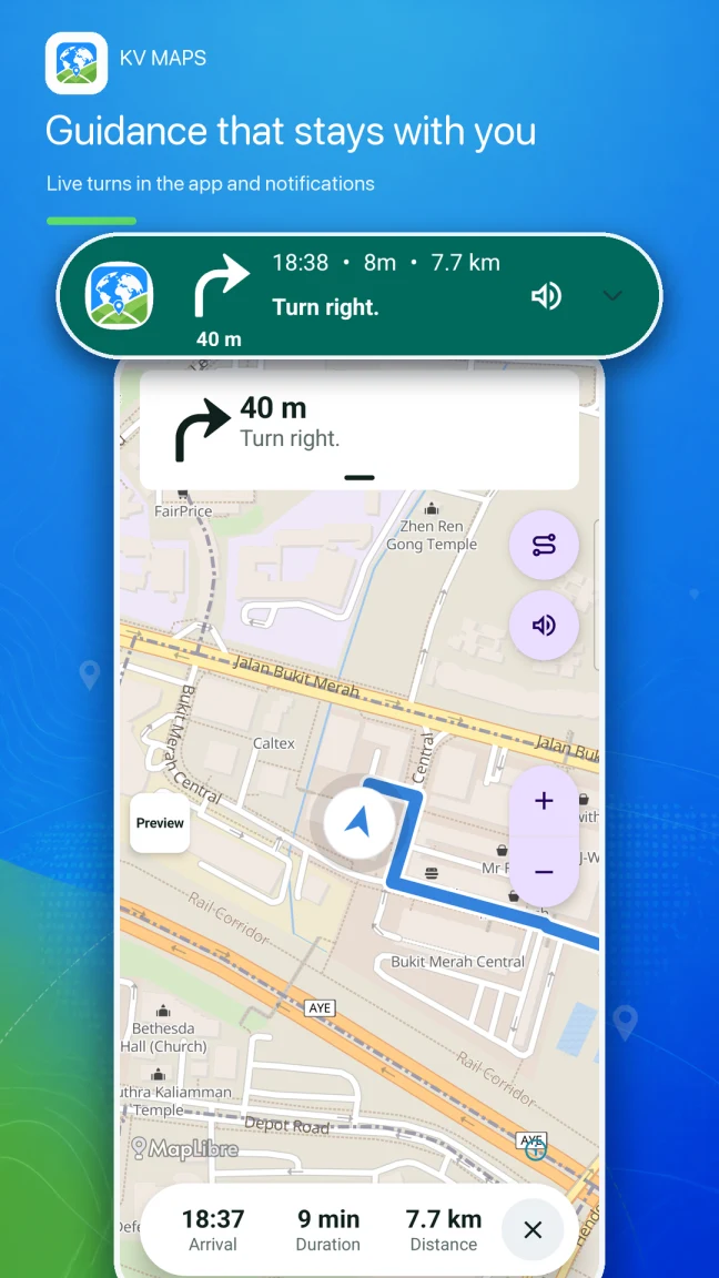 Active navigation with the next turn, arrival time, and a live navigation notification.