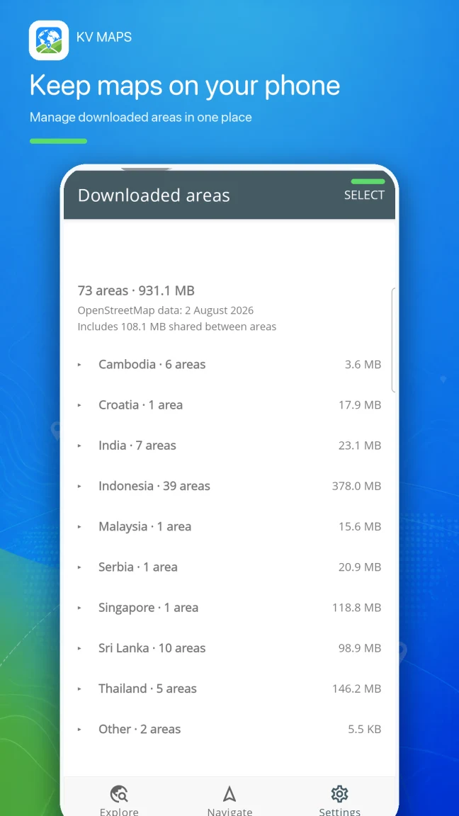 Downloaded areas in KV Maps, organized by country with storage sizes.