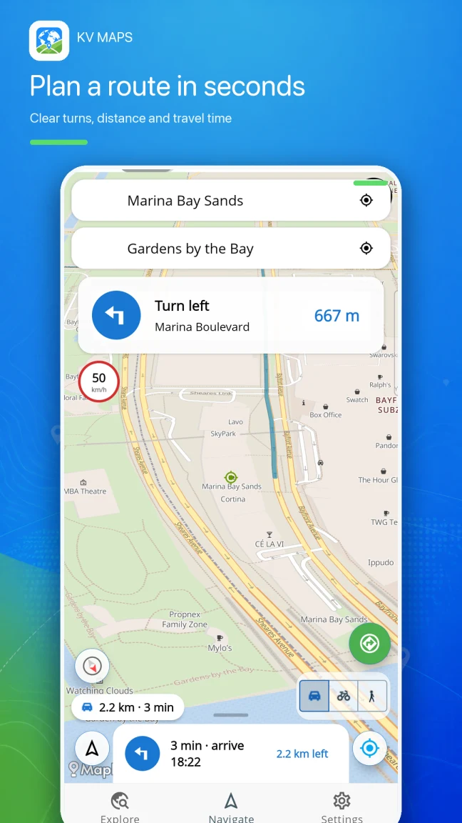 A route from Marina Bay Sands to Gardens by the Bay, with distance and travel time.