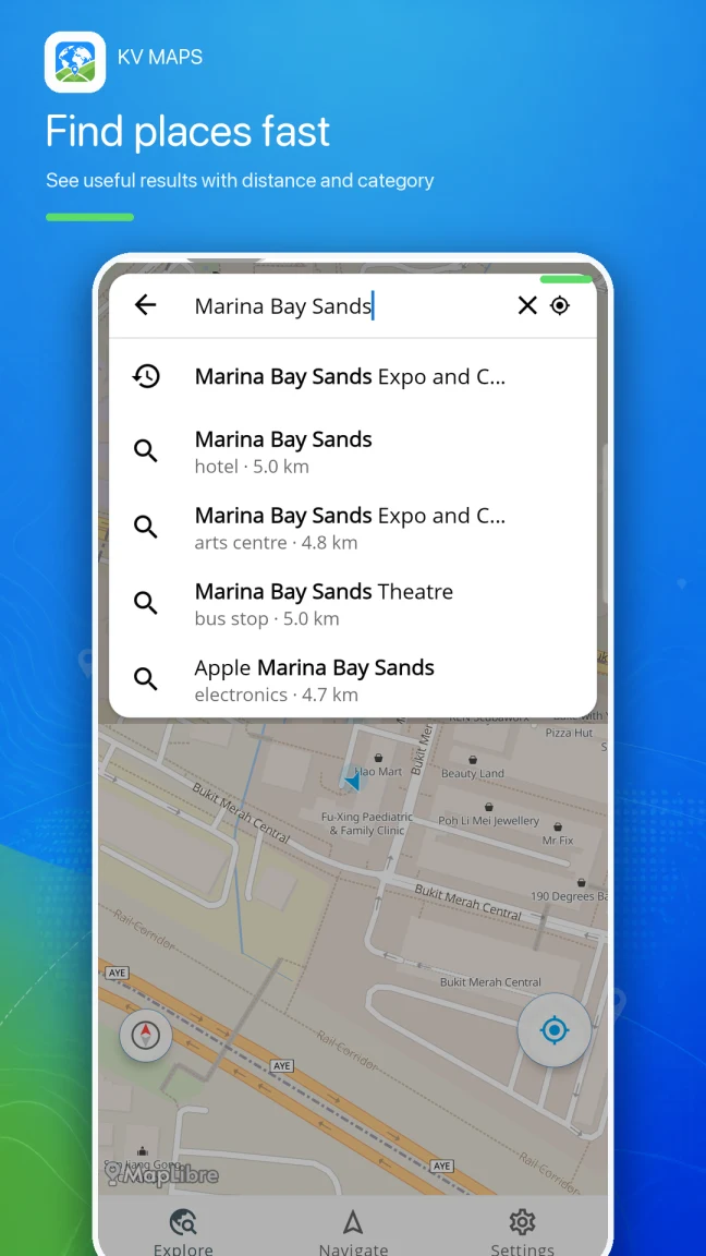 A search for Marina Bay Sands with place categories and distances.